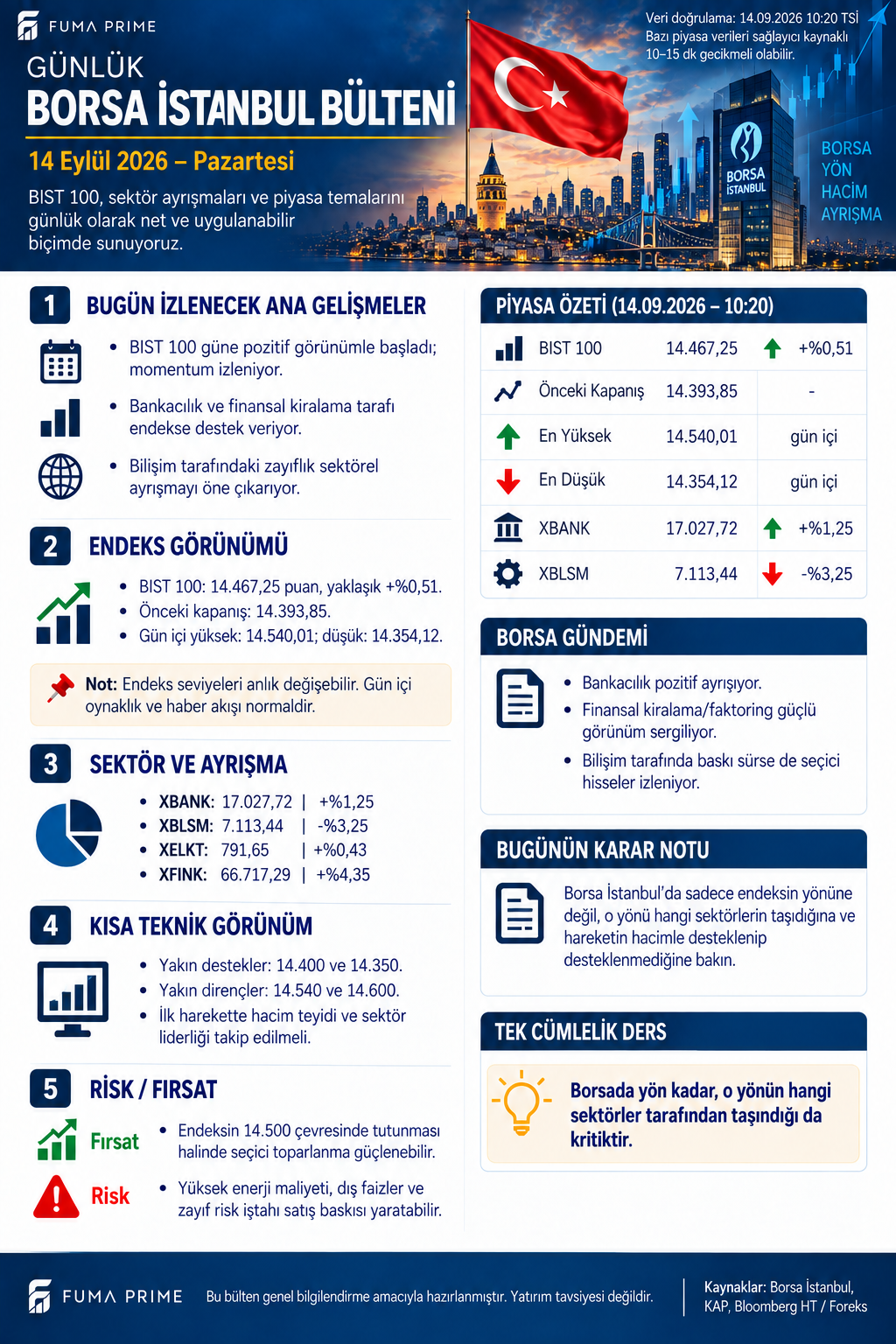 FUMA PRIME 14 Eylül 2026 Günlük Borsa İstanbul Bülteni; BIST 100, banka, bilişim ve sektör ayrışması