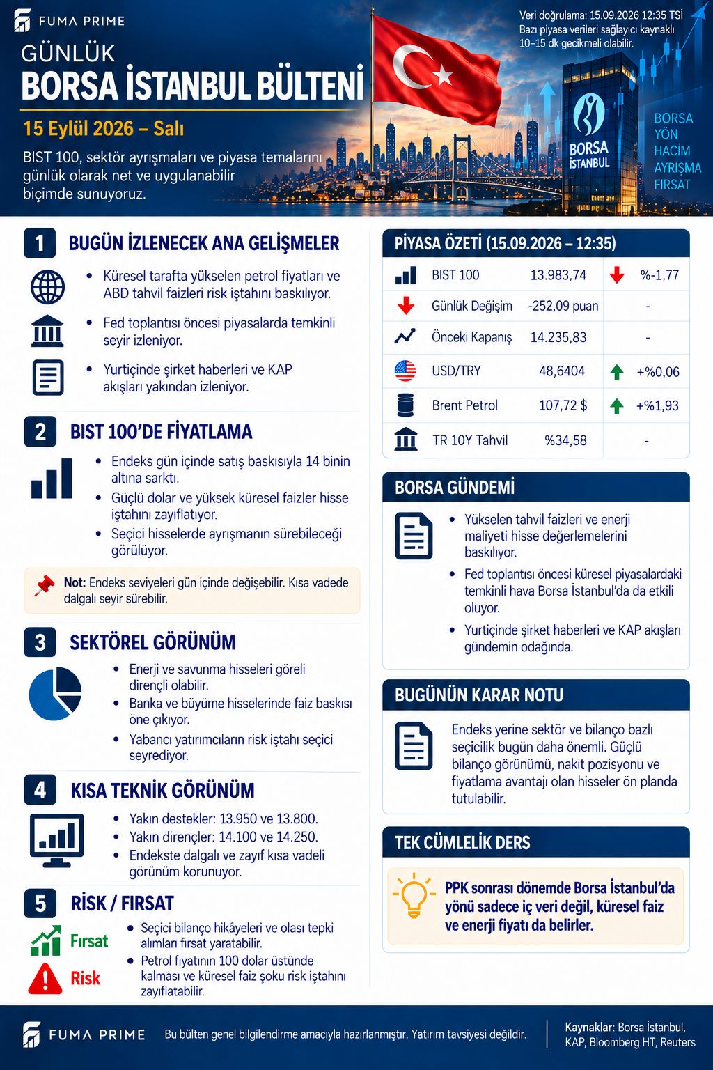 FUMA PRIME 15 Eylül 2026 Günlük Borsa İstanbul Bülteni; BIST 100, önceki kapanış, dolar kuru, Brent petrol, tahvil ve teknik seviyeler