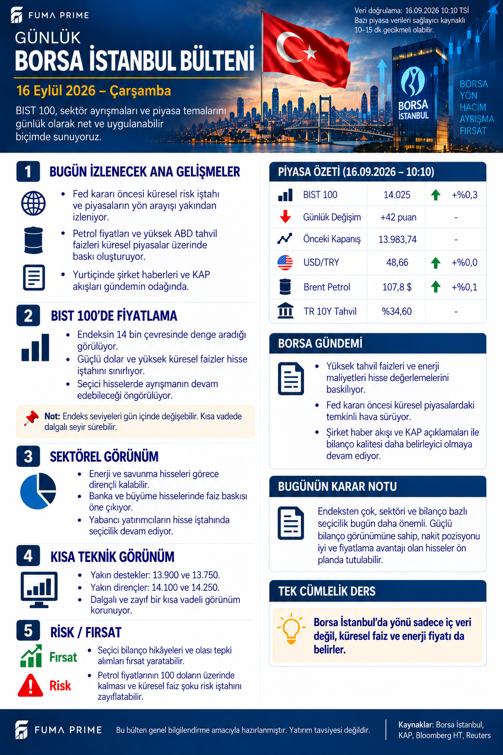 FUMA PRIME 16 Eylül 2026 Borsa İstanbul bülteni; BIST 100, önceki kapanış, kur, petrol, tahvil ve teknik seviyeler
