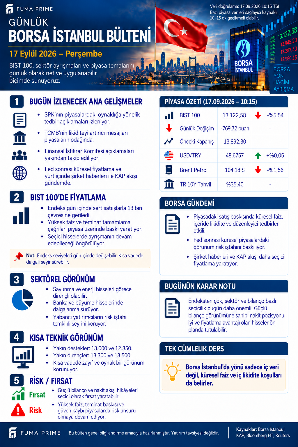 FUMA PRIME 17 Eylül Borsa İstanbul bülteni; BIST 100 düşüşü, önceki kapanış, kur, petrol, tahvil ve teknik alanlar