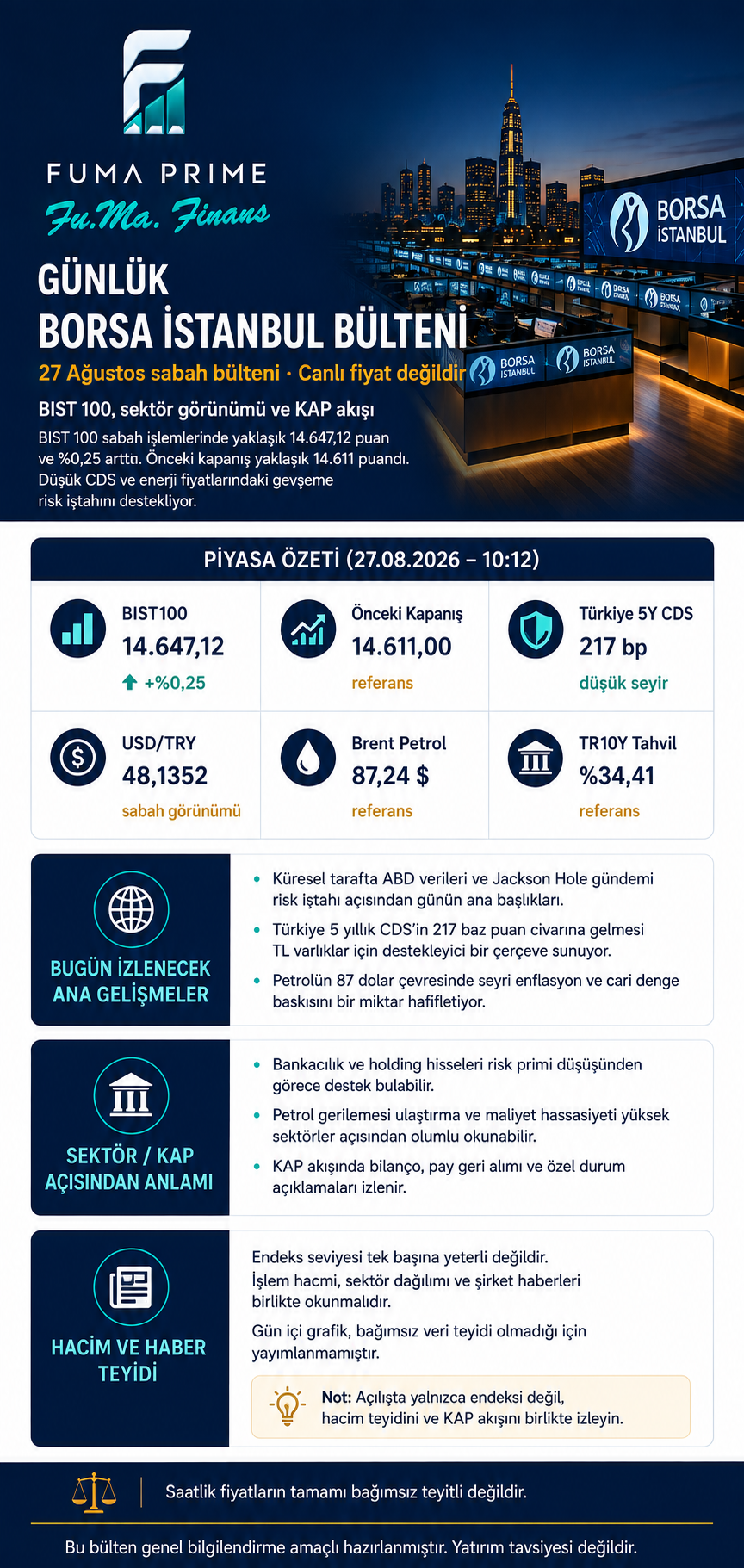 FUMA PRIME — Günlük Borsa İstanbul Bülteni, 27 Ağustos 2026 sabah görünümü
