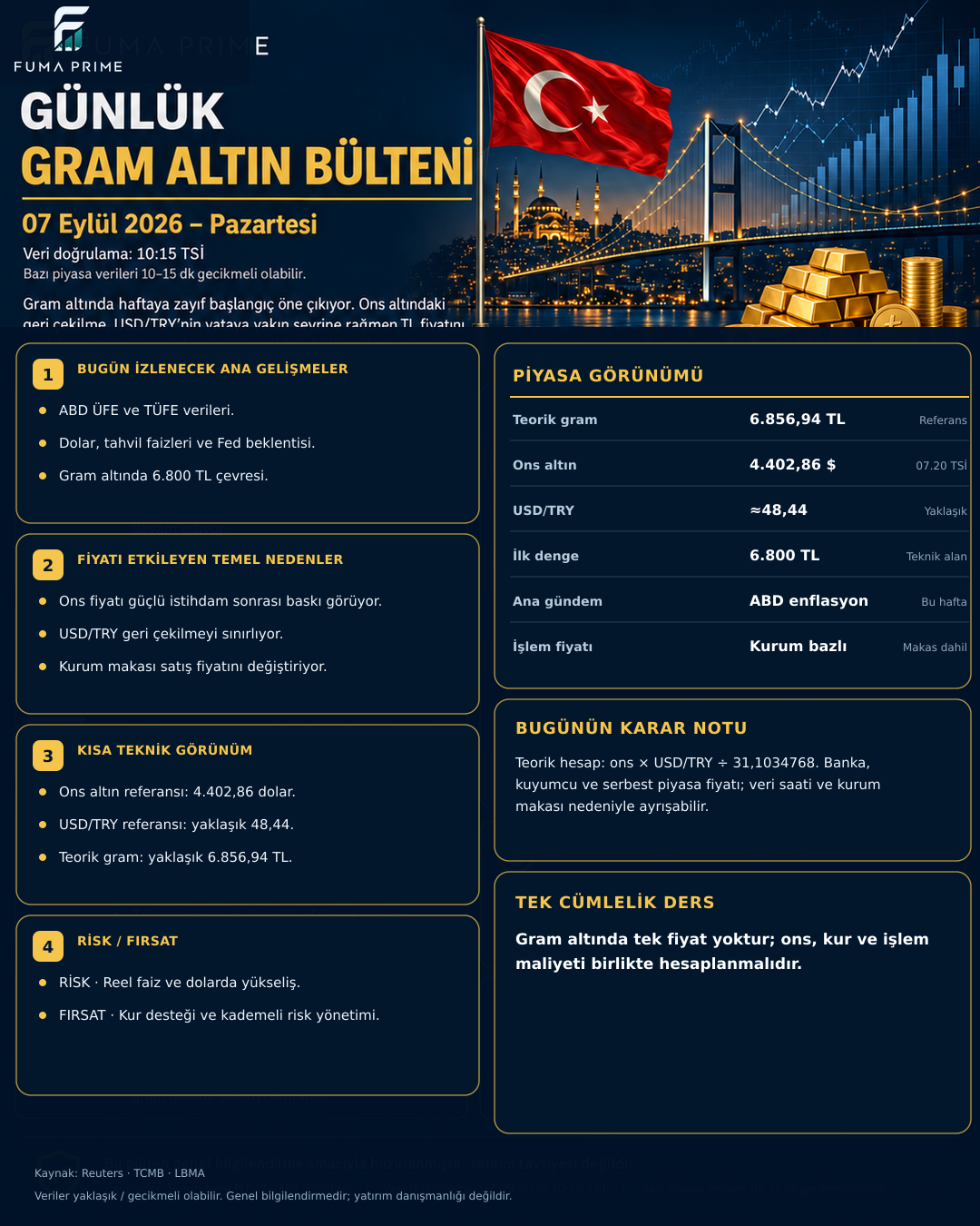 FUMA PRIME 7 Eylül 2026 Gram Altın Günlük Bülteni; gram altın, ons altın ve kur görünümü