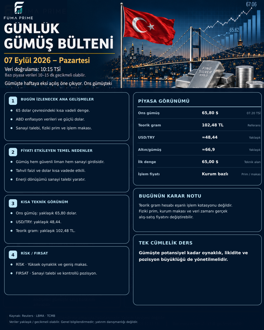 FUMA PRIME 7 Eylül 2026 Gümüş Günlük Bülteni; gram ve ons gümüş görünümü