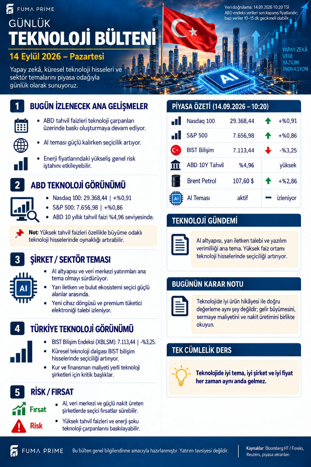 FUMA PRIME 14 Eylül 2026 Günlük Teknoloji Bülteni; Nasdaq, S&P 500, BIST bilişim, yapay zekâ ve yarı iletken görünümü