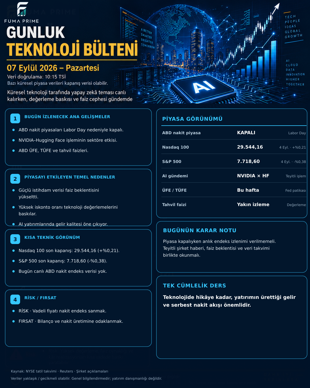 FUMA PRIME 7 Eylül 2026 Teknoloji Günlük Bülteni; ABD piyasa tatili, Fed ve yapay zekâ gündemi
