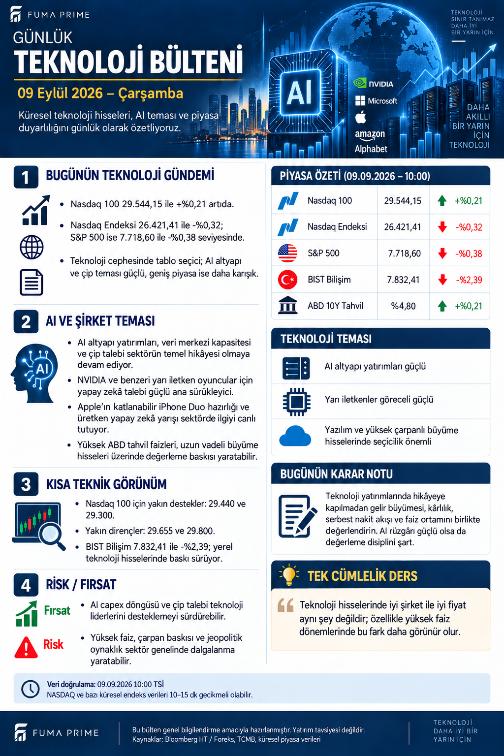 FUMA PRIME 9 Eylül 2026 Günlük Teknoloji Bülteni; Nasdaq, S&P 500, BIST bilişim, yapay zekâ ve yarı iletken görünümü