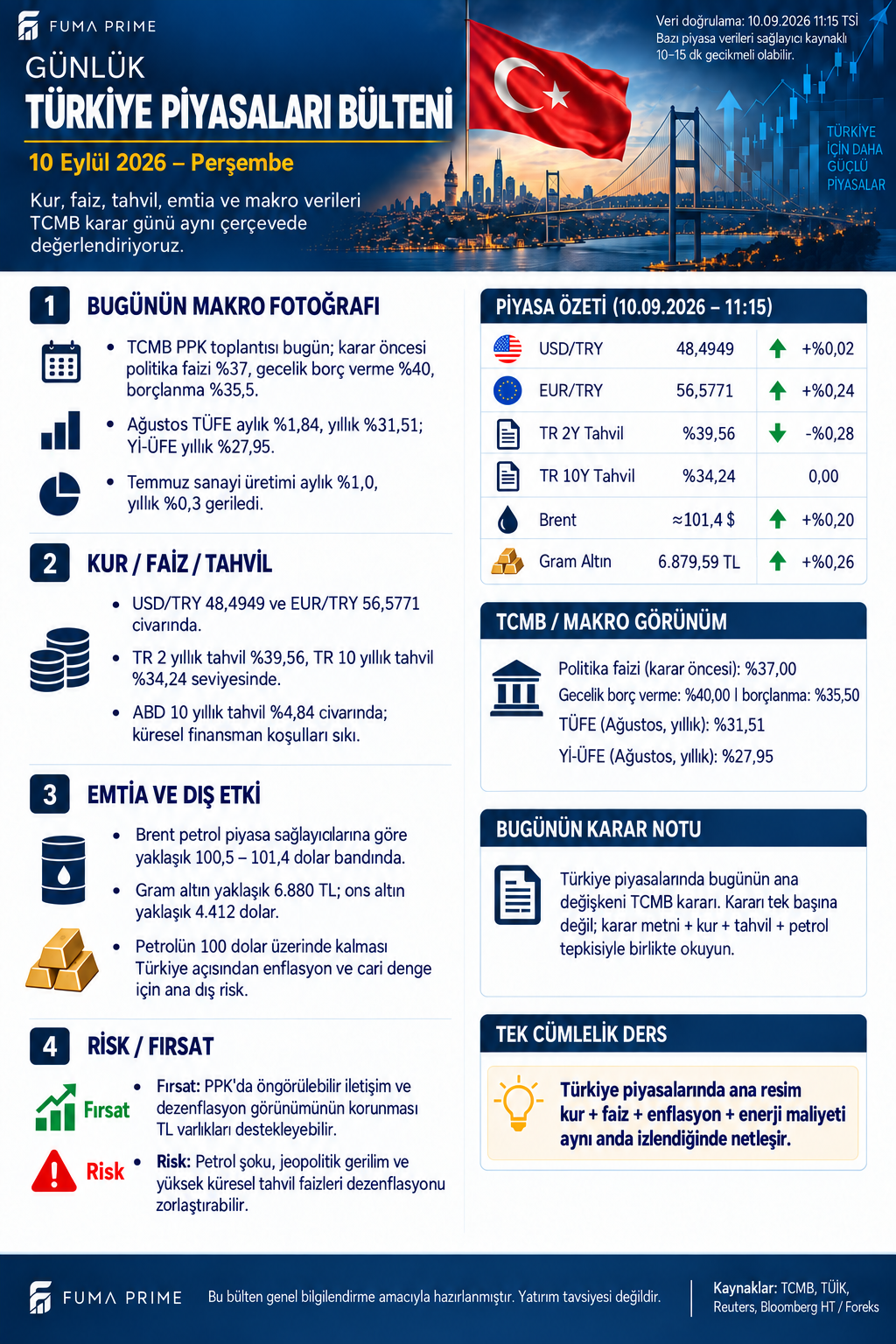 FUMA PRIME 10 Eylül 2026 Günlük Türkiye Piyasaları Bülteni; TCMB kararı, kur, tahvil, petrol ve altın görünümü