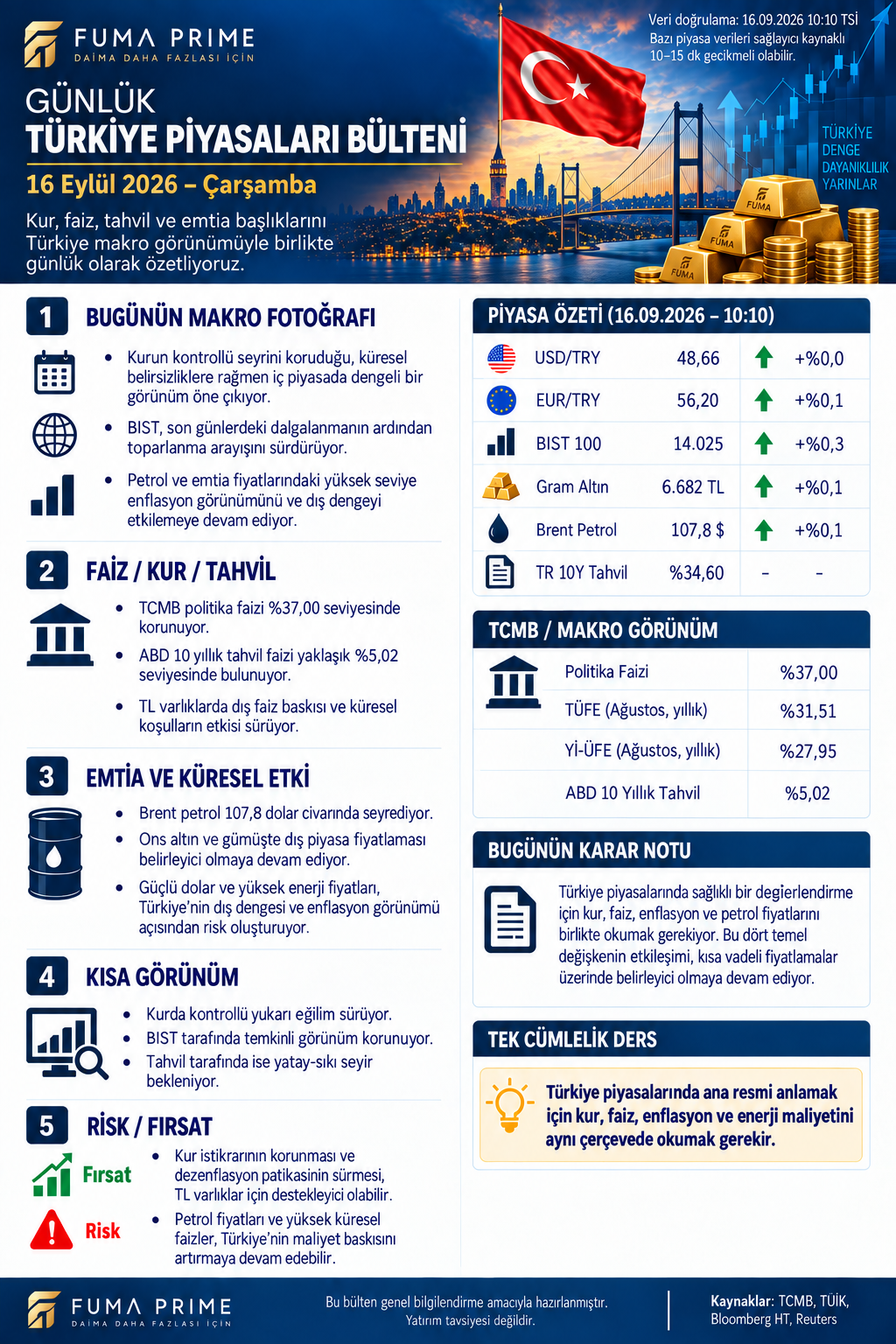 FUMA PRIME 16 Eylül 2026 Türkiye piyasaları bülteni; kur, BIST, altın, petrol, tahvil ve enflasyon