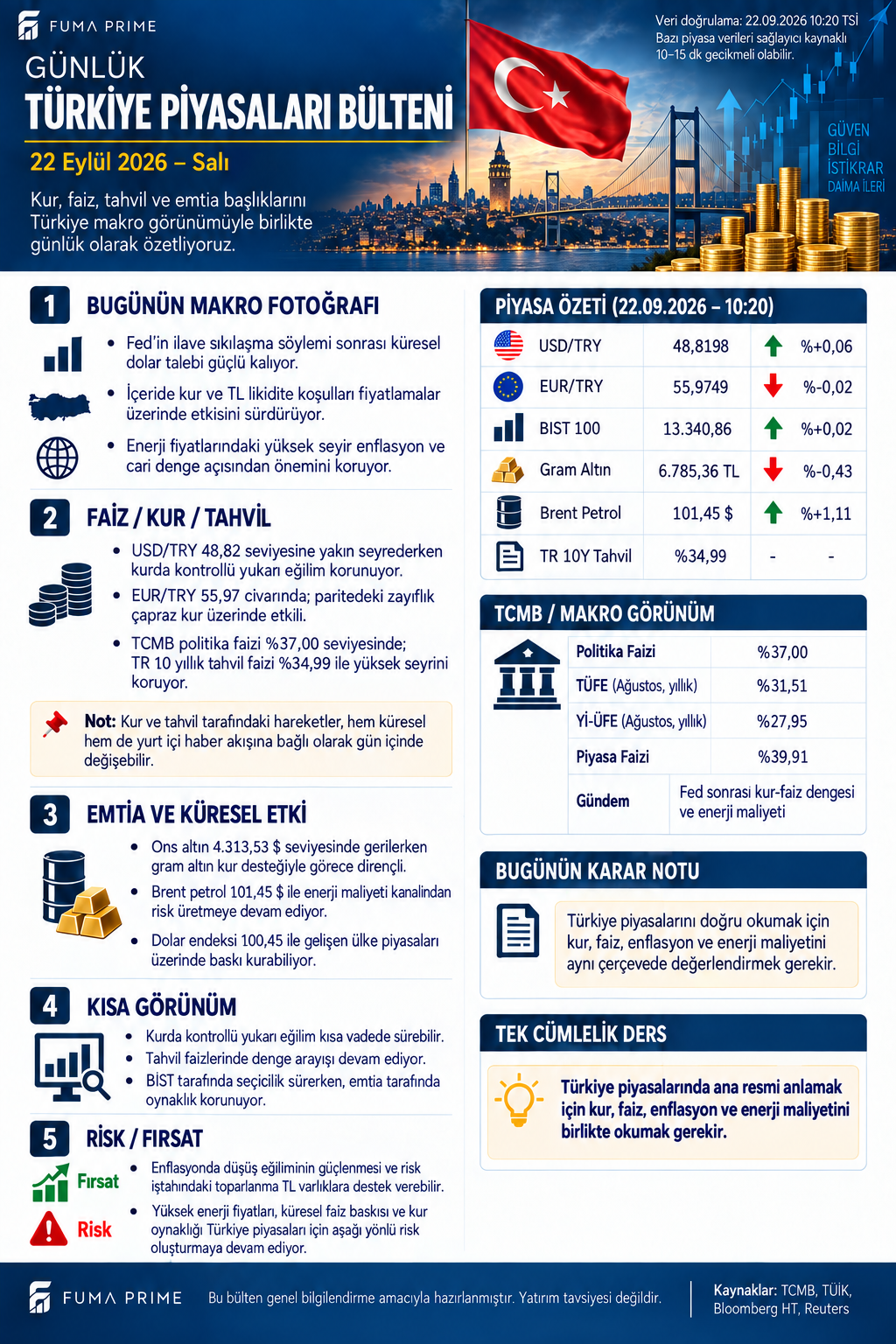 FUMA PRIME 22 Eylül Türkiye piyasaları bülteni; döviz, BIST 100, altın, petrol, tahvil, faiz ve enflasyon